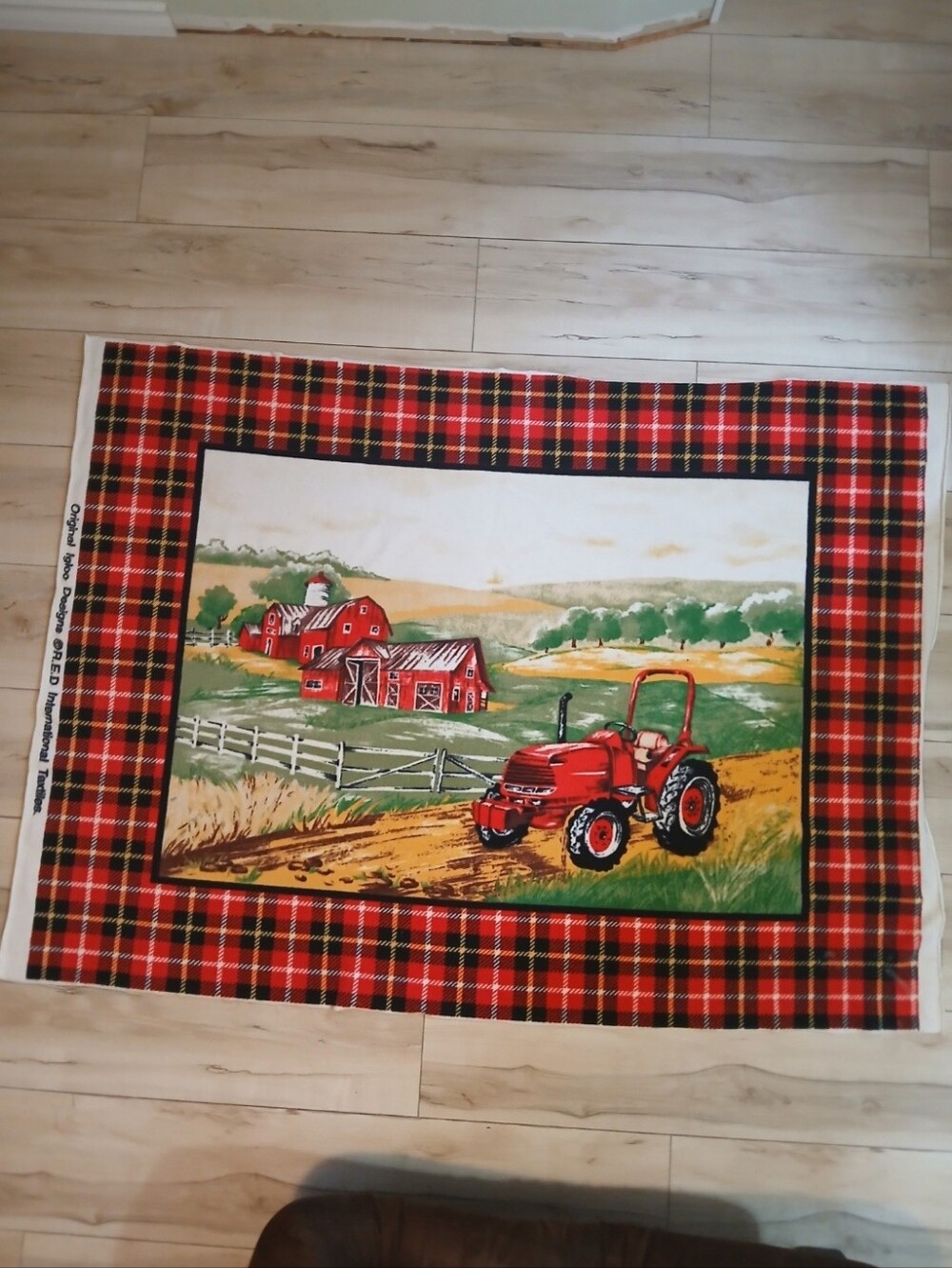 Igloo Designs Farmhouse Fleece Blanket Panel Red Tractor Barn Plaid Fabric
